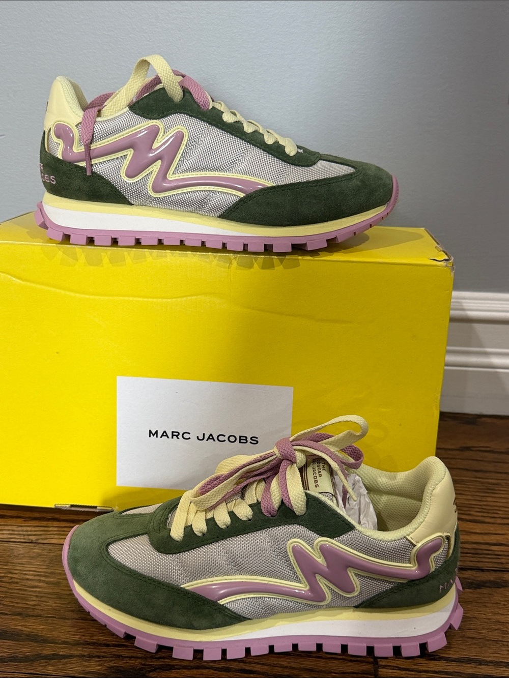 Marc Jacobs Green, Pink & Cream Suede Mesh Runner Sneakers